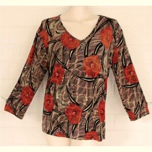 Chico's Design Red Hibiscus Taupe Animal Print Stretch Top